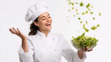 A woman in a chef hat is throwing salad into the air photo