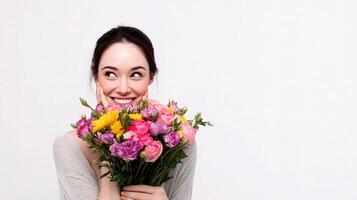 A woman is holding a bunch of flowers photo