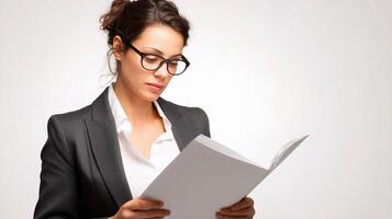 A woman in a suit and glasses is reading a book photo