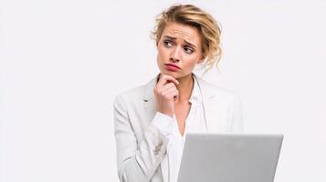 A woman in a suit is looking at her laptop photo