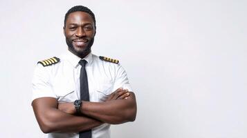 A man in a pilot uniform standing with his arms crossed photo