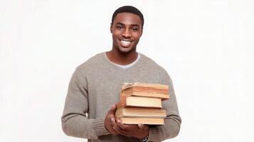 A young man holding a stack of books photo