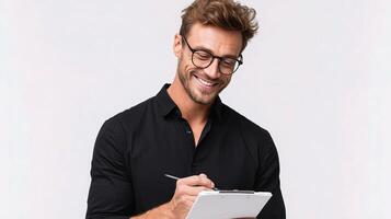 A man in glasses is holding a clipboard and writing on it photo