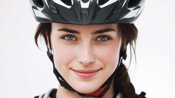 A woman wearing a helmet and smiling photo