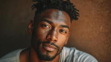 A man with dreadlocks looking at the camera photo