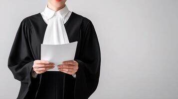 A woman in a judge's robe holding a piece of paper photo