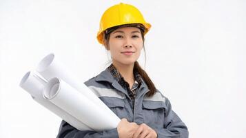 A woman in a hard hat holding a roll of paper photo
