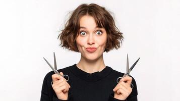 A woman holding scissors in front of her face photo