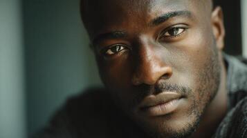 A close up of a black man with a serious look on his face photo