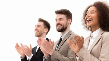Three business people clapping together photo