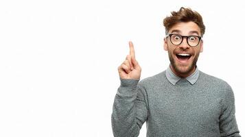 A man with glasses is pointing up photo