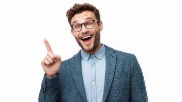 A man in glasses and a blue shirt is pointing at something photo
