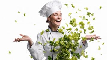 A woman in a chef hat is throwing lettuce photo