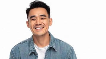 A man is smiling and wearing a denim jacket photo