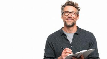 A man with glasses is holding a clipboard photo
