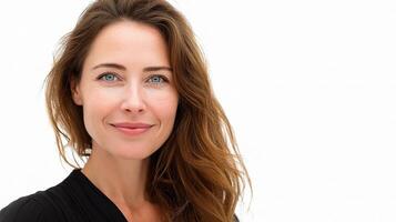 A woman with long brown hair is smiling photo