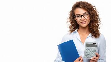 A woman in glasses holding a calculator and a folder photo