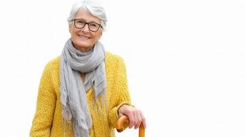 An older woman with a walking stick photo