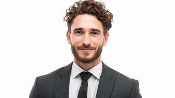 A man with curly hair in a suit and tie photo