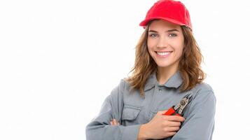 A woman in a red hat and overalls holding a wrench photo