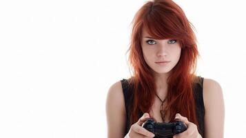 A woman with red hair holding a game controller photo