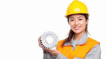 A woman in an orange hard hat holding a gear wheel photo