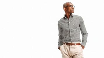 A man in a shirt and pants standing against a white background photo