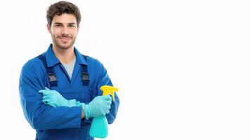 A man in blue overalls holding a sprayer and cleaning glove photo