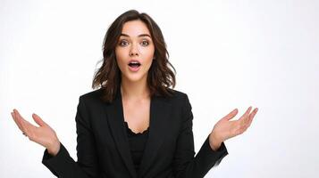 A woman in a suit is making a gesture photo