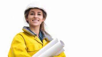 A woman in a yellow hard hat holding a blueprint photo