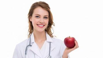 A woman in a white lab coat holding an apple photo