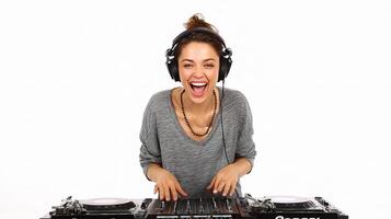 A woman is smiling while playing a dj set photo