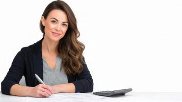 A woman sitting at a desk with a pen and calculator photo