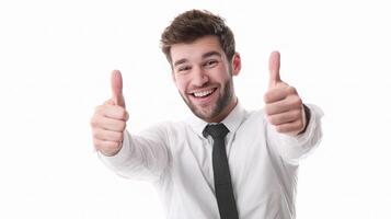 A man in a shirt and tie giving thumbs up photo