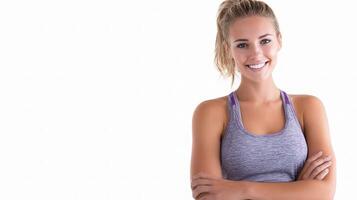 A woman in a sports bra top is smiling photo