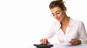 A woman in glasses is using a calculator photo