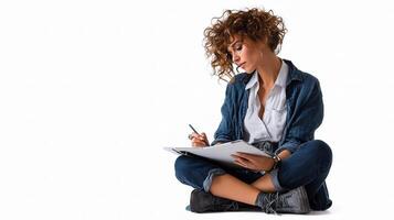 A woman sitting on the floor with a notebook photo