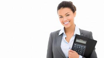 A smiling business woman holding a calculator photo