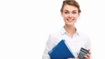 A woman holding a calculator and a folder photo