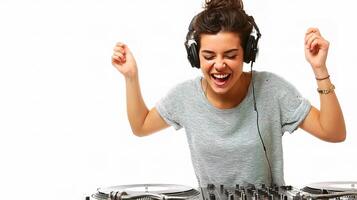 A woman is playing music on a dj mixer photo