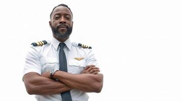 A black man in a pilot uniform with his arms crossed photo