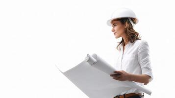 Female Architect Reviewing Blueprint on White Background photo