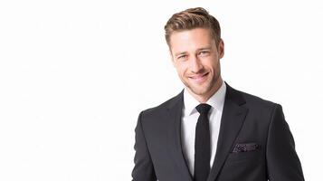 Stylish Young Businessman in Dark Suit with Pocket Square Smiling photo