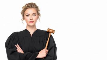 Confident Female Judge in Robes Holding Gavel Against White Background photo