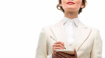 Professional Woman in Cream Suit Writing in Notebook with Pen photo