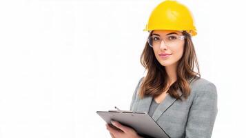 Professional Woman Engineer with Hard Hat and Clipboard in Studio photo