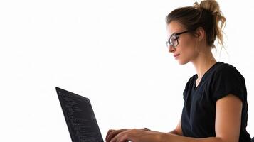 Focused Female Coder Engaged in Typing on Laptop with White Background photo