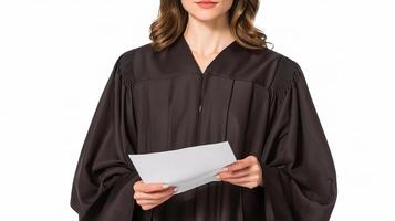Female Judge in Robes Holding Document with White Background photo