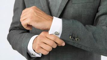 A man in a suit adjusting his cuff links photo