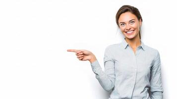 Female HR Manager Smiling and Pointing at Empty Space photo